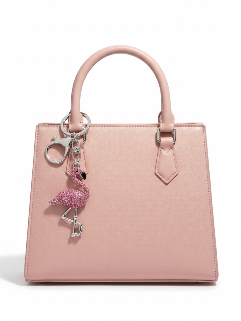 Flamingo Hot Light Pink Allover Rhinestone Silver 2.5” Keychain Bag Purse Charm